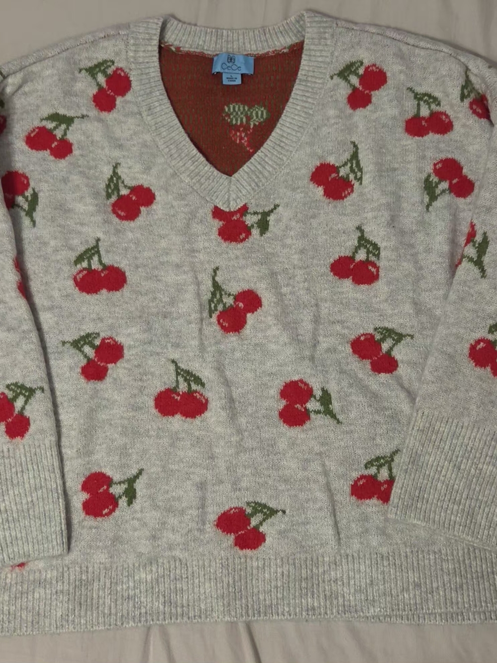 CeCe Cherry Pattern Intarsia V-Neck Sweater Size L Gray Red Playful Knit